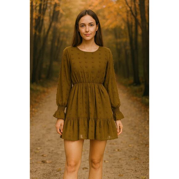 Dress Up Long Sleeve Jacquard Blouson Dress Green Dotted Flowy Boho Career Chic - Picture 1 of 7